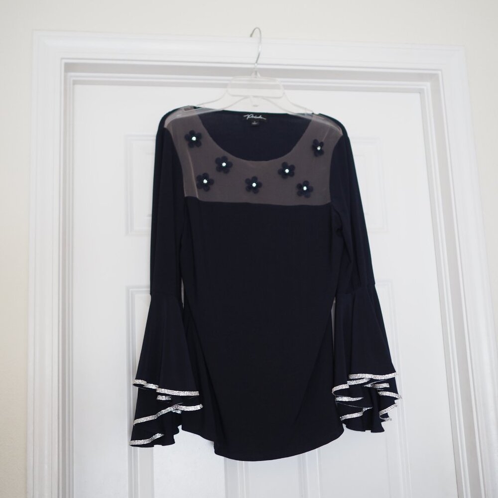 Prelude Navy Blue Top with Mesh Top and Flower Accents & Bell Sleeves Size S